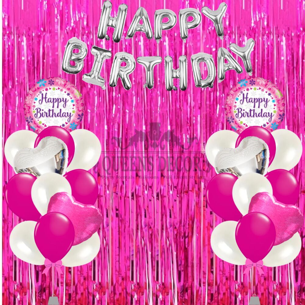 Birthday Party Kit with Fringe Curtain,Birthday Sign, Latex and Foil Balloons,